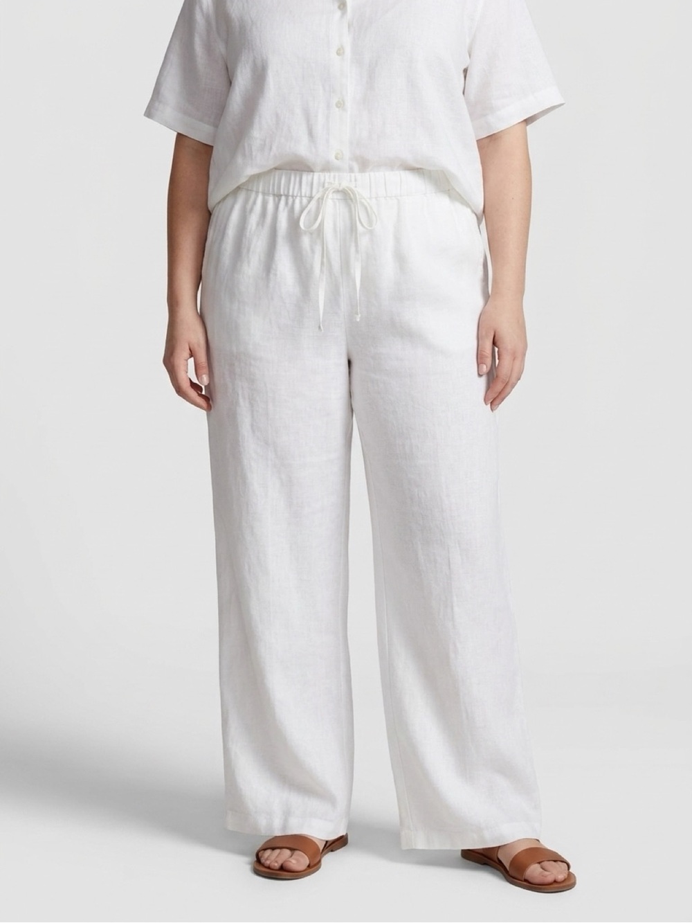 Ellen Tracy Women's White 100% Linen Drawstring Wide-Leg Pants — Classic Comfort